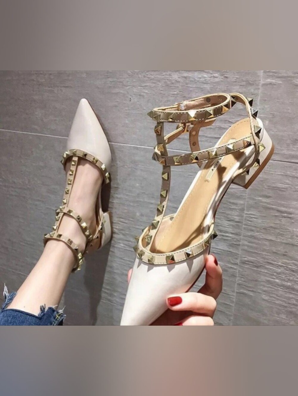 Women Beige Studded T Strap Pointed Flat Shoes